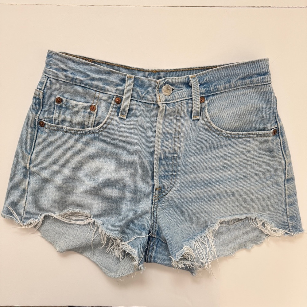 Levi's 501 High Waist Shorts Button Fly Jeans Denim Light Wash Blue Sz 25